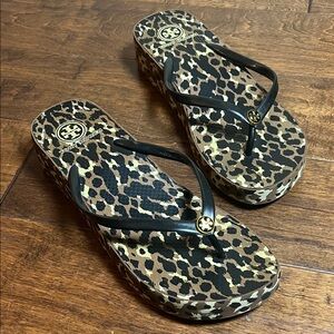 Tory Burch Brown/Black/Ivory Animal Print Wedge Flip Flop, size 11